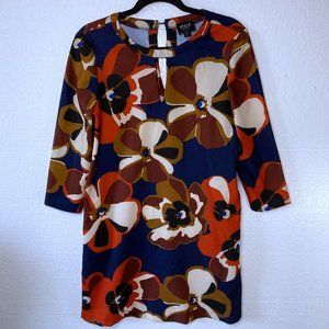 Eci Women's Size Small Floral Shift Dress Fall Blue Cut Out Long Sleeves Pattern